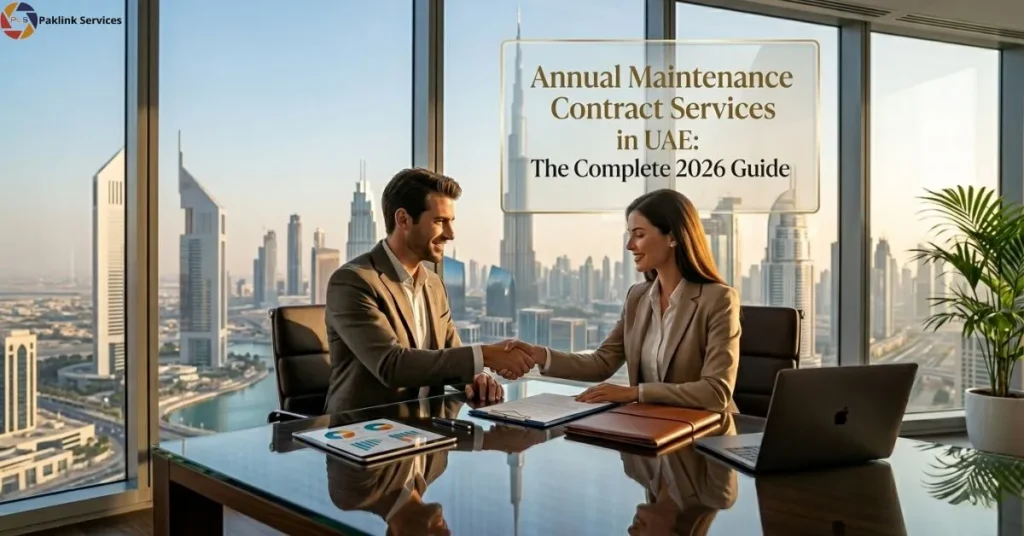 Business professionals shaking hands in a modern office with a city skyline view, discussing annual maintenance contract services in UAE.