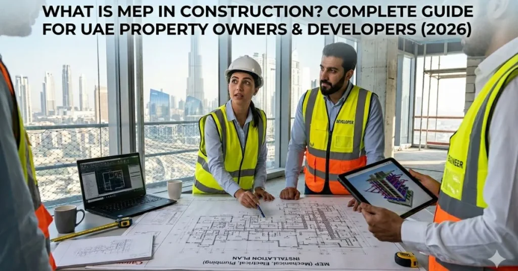 Construction professionals in high-visibility vests reviewing MEP installation plans on a table with a cityscape in the background.